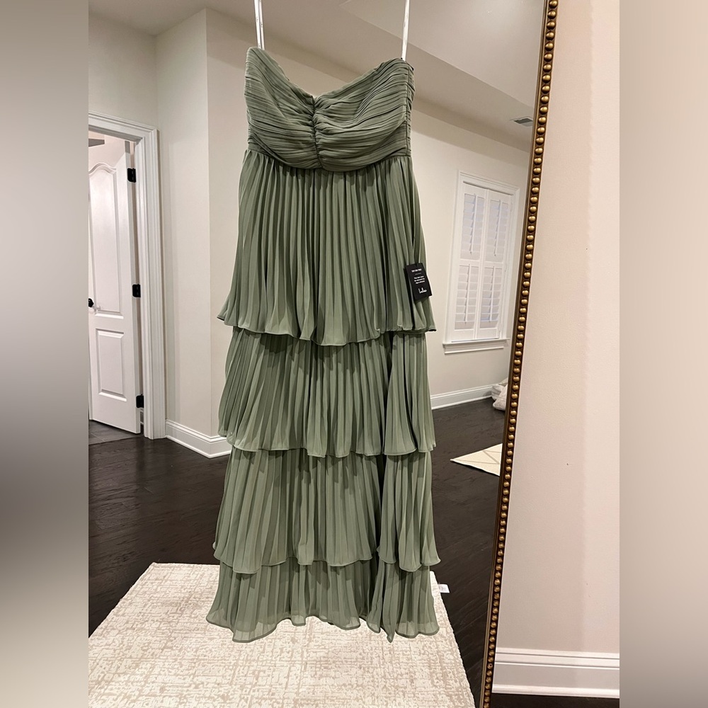 Lulu's Sage Green Strapless Tiered Pleated Maxi Dress
